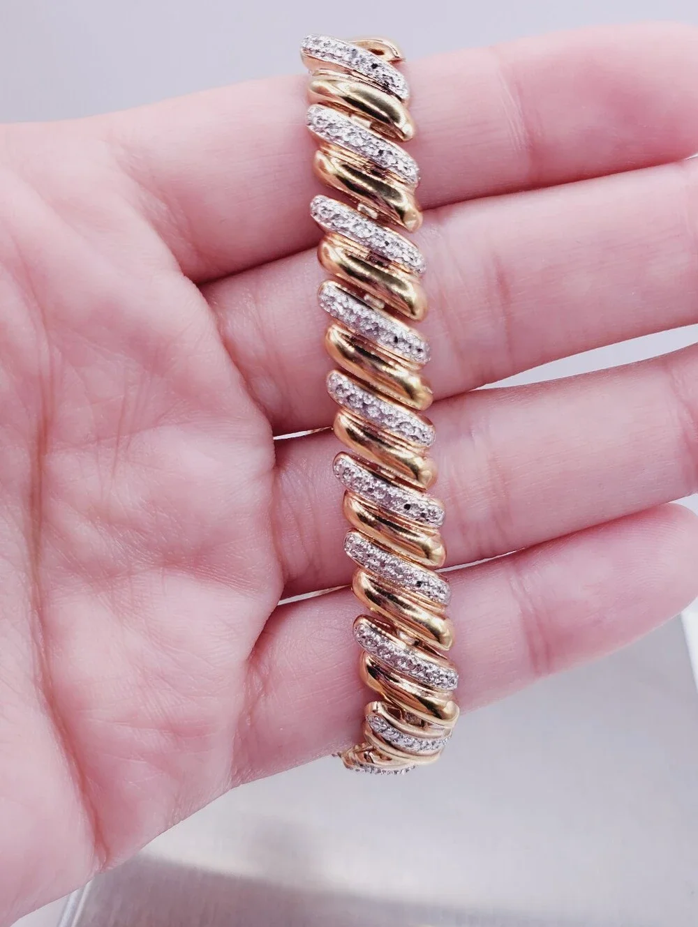 Genuine Diamond Yellow Gold and 925 Silver Twisted Pave Bracelet